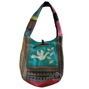 Handmade Nepal Cotton Patchwork Hobo Crossbody Bag Blue Dove Peace Festival